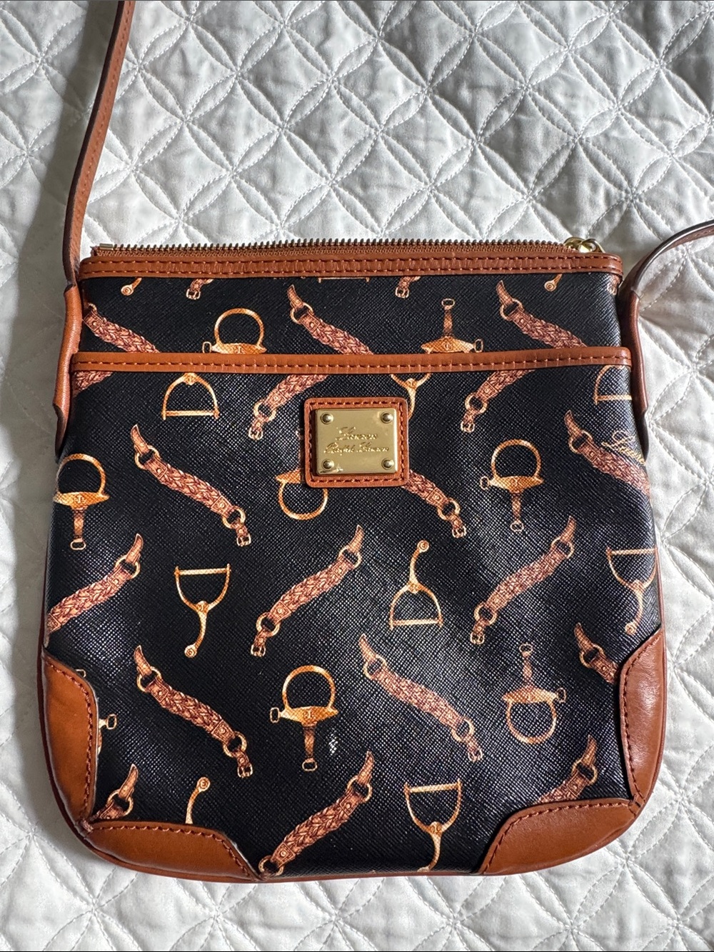 Lauren Ralph Lauren Brown Leather-Trim Crossbody with Equestrian Print 🐎